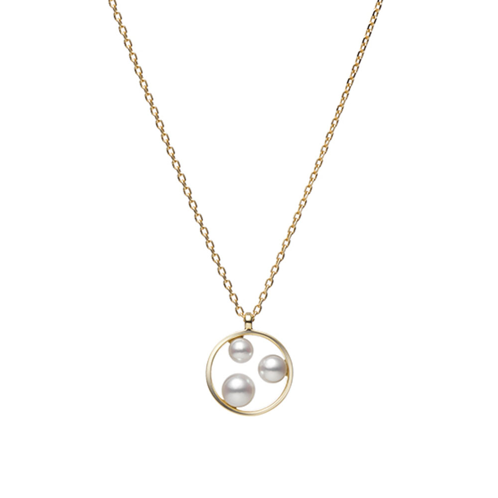 Mikimoto 18k yellow gold Japan collections circle pendant necklace with 3 pearls, 3-4mm/A+ akoya pearls, 16"-18"