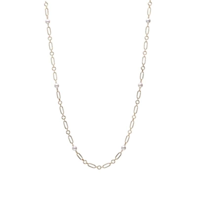 Mikimoto 18k yellow gold M collection link chain necklace with 6 pearl stations, 6.5mm/A+ akoya pearls, 24"