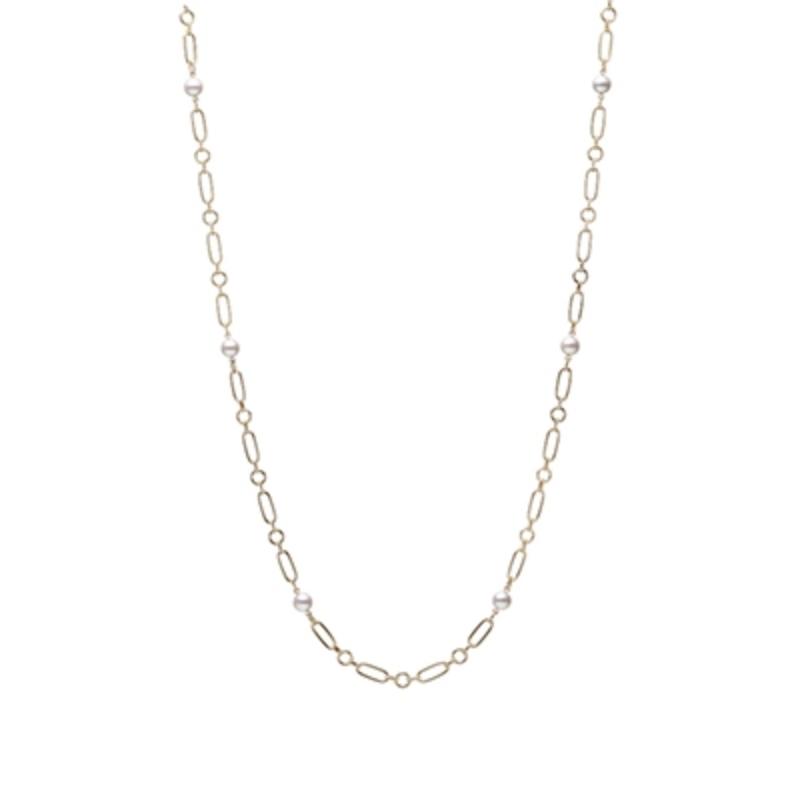 Mikimoto 18k yellow gold M collection link chain necklace with 6 pearl stations, 6.5mm/A+ akoya pearls, 24