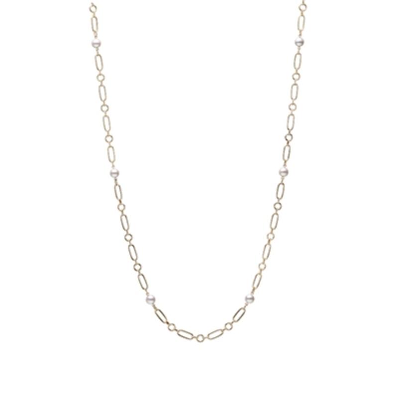 Mikimoto 18k yellow gold M collection link chain necklace with 6 pearl stations, 6.5mm/A+ akoya pearls, 24