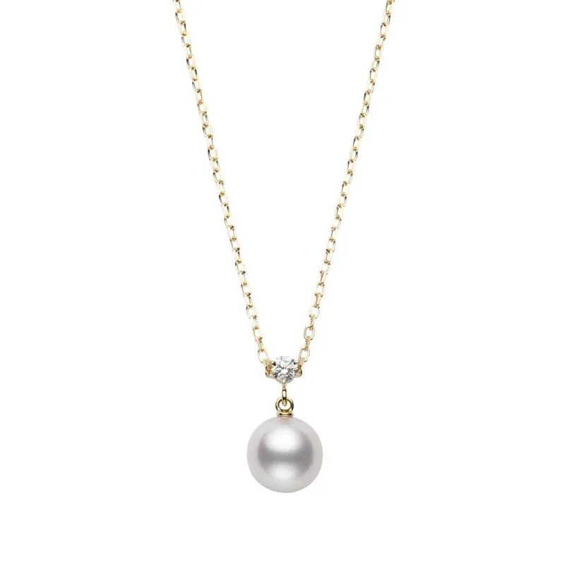 Mikimoto 18k yellow gold Classic pearl pendant necklace with a diamond, 8.25mm/A+ akoya with a round diamond weighing 0.08 carat weight, 16"-18"