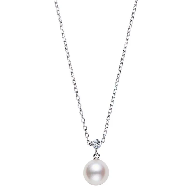 Mikimoto 18k white gold rhodium plated Classic pearl pendant necklace with a diamond, 8.25mm/A+ akoya pearl with a round diamond weighing 0.08 carat weight, 16"/18"