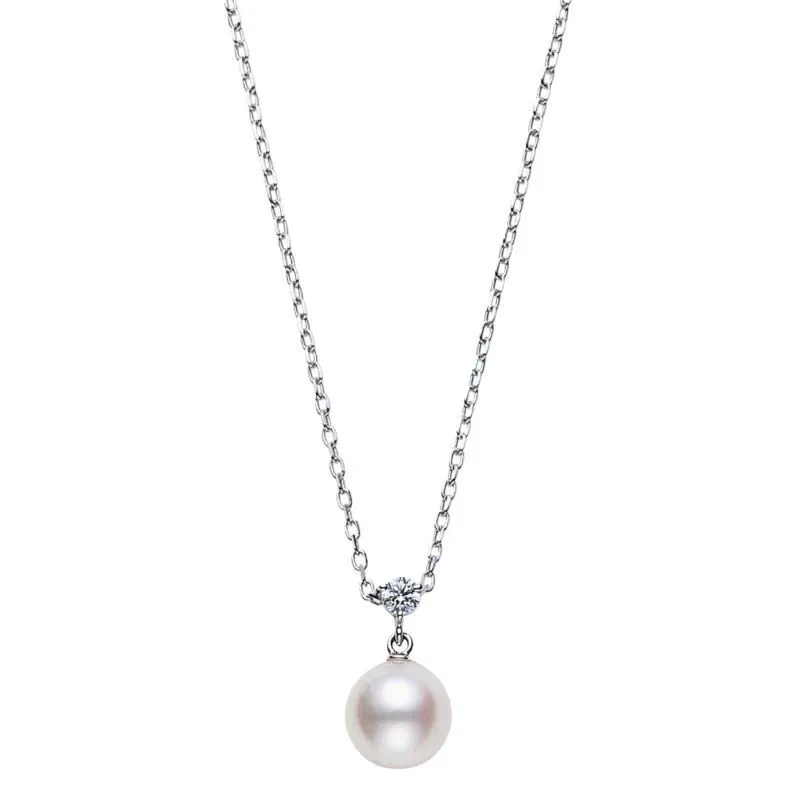 Mikimoto 18k white gold rhodium plated Classic pearl pendant necklace with a diamond, 8.25mm/A+ akoya pearl with a round diamond weighing 0.08 carat weight, 16