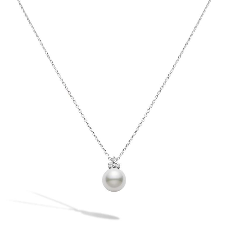 Mikimoto 18K White Gold Rhodium Plated White South Sea Pearl Pendant Necklace With Diamonds