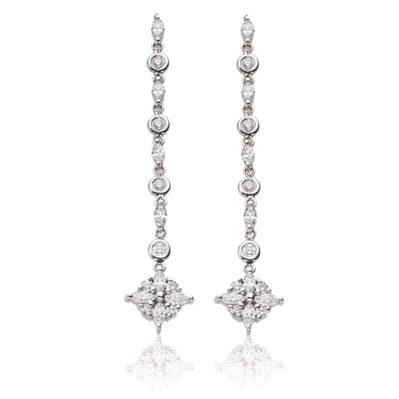 Lisa Nik 18k white gold Sparkle long drop earrings with marquise and round diamonds weighing 1.51 carat total weight