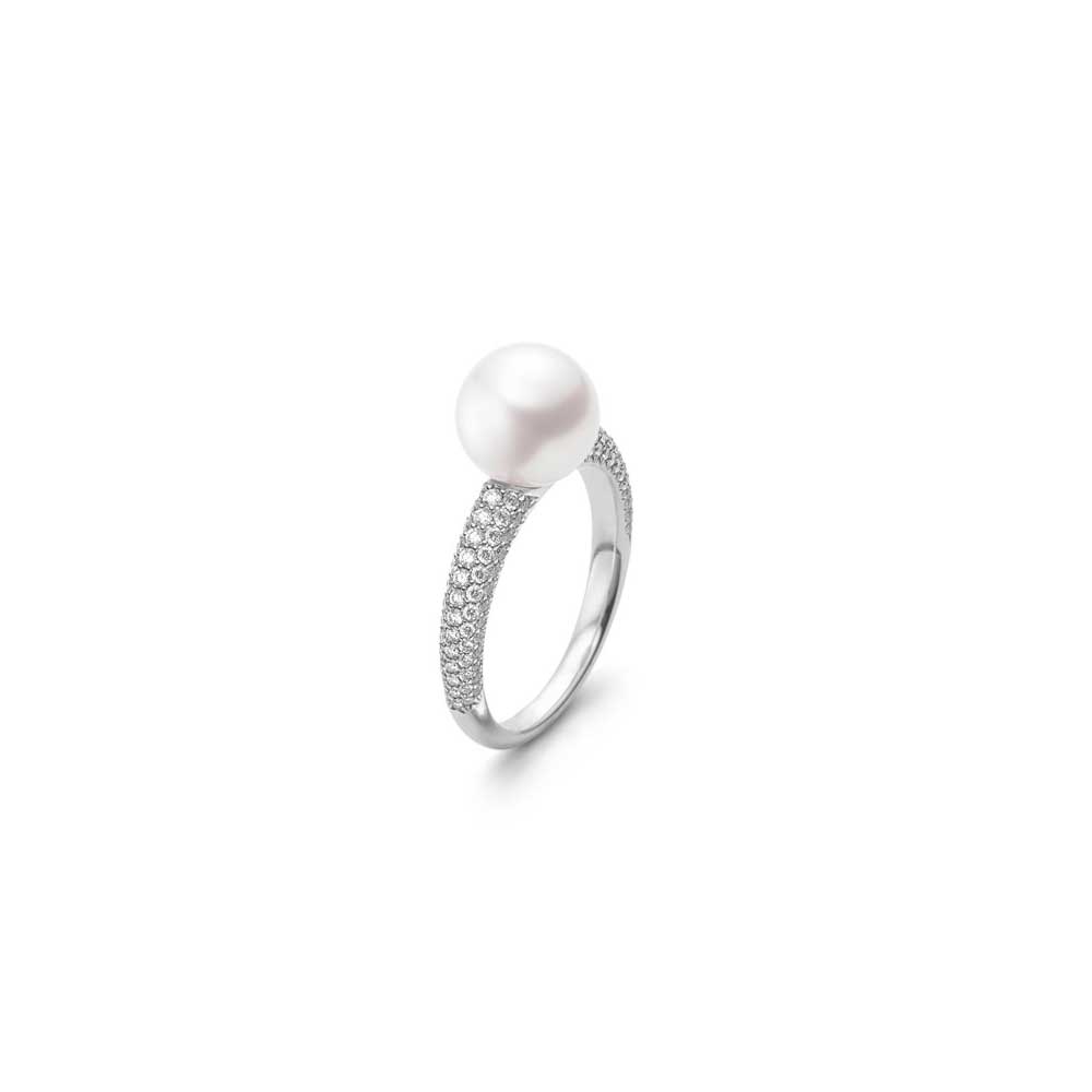 Mikimoto 18k white gold pearl ring with diamonds, 8.5mm/A+ Akoya pearl with diamonds weighing 0.54 carat total weight, size 6.5