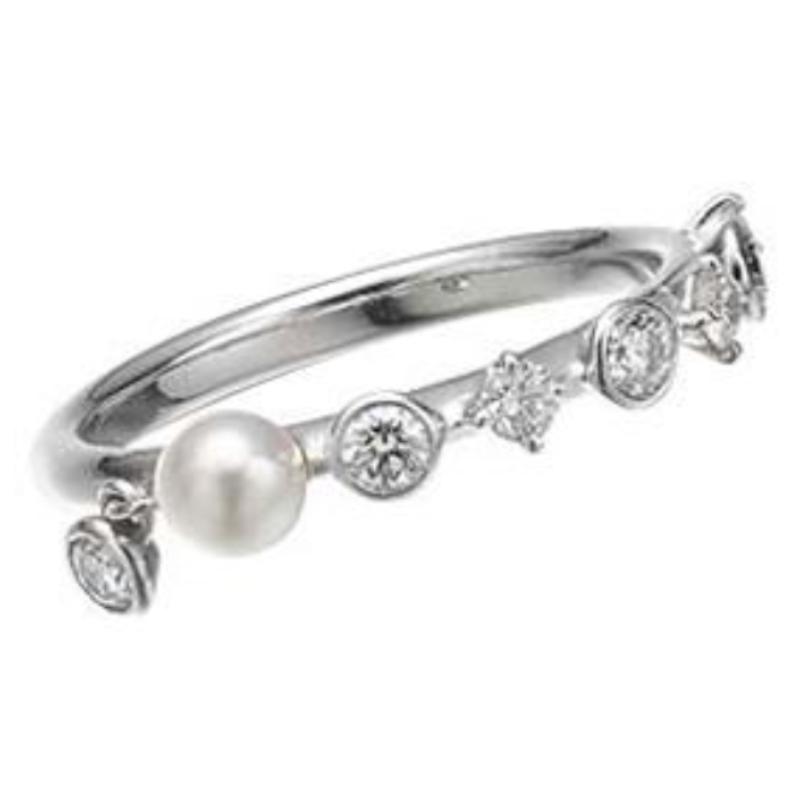 Mikimoto 18k white gold Japan diamond ring with single pearl accent, 3.2mm/A+ Akoya pearl with alternating prong and bezel set with round diamonds weighing 0.17 carat total weight, size 4.5