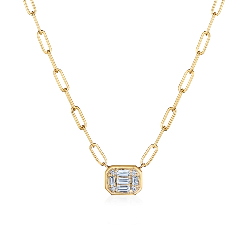 Kwiat Sunburst Emerald Cut Diamond Bezel Set East-West Pendant