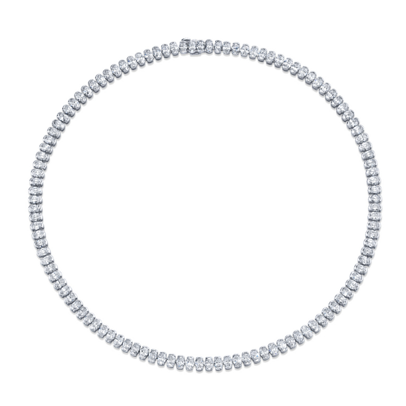 Norman Silverman 18K White Gold Rhodium Plated Partial Bezel Set Oval Cut Diamond Straight Line Necklace