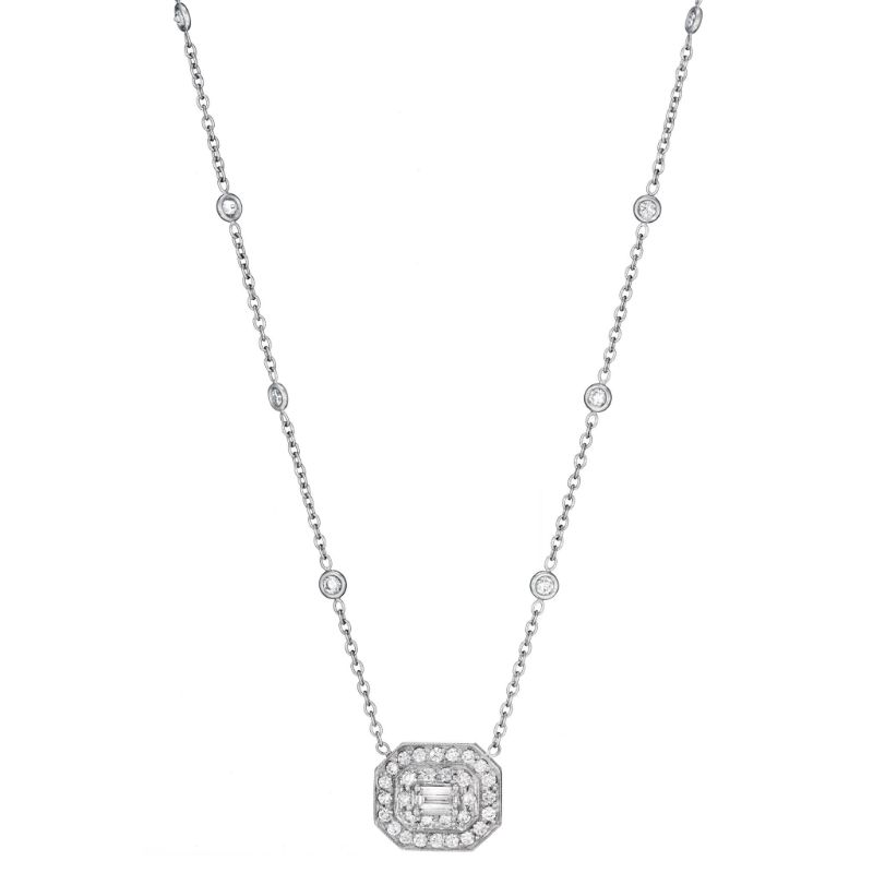 Penny Preville 18K White Gold Rhodium Plated Deco Pave Emerald Cut Center Pendant Necklace