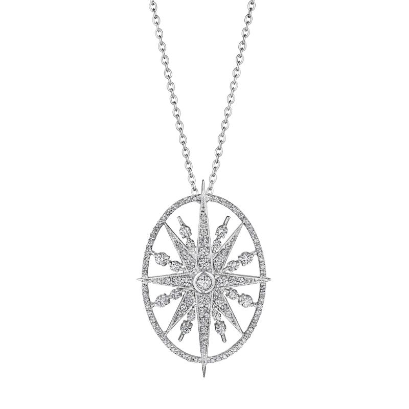 Penny Preville 18K White Gold Rhodium Plated Large Oval Sunburst Pendant Necklace