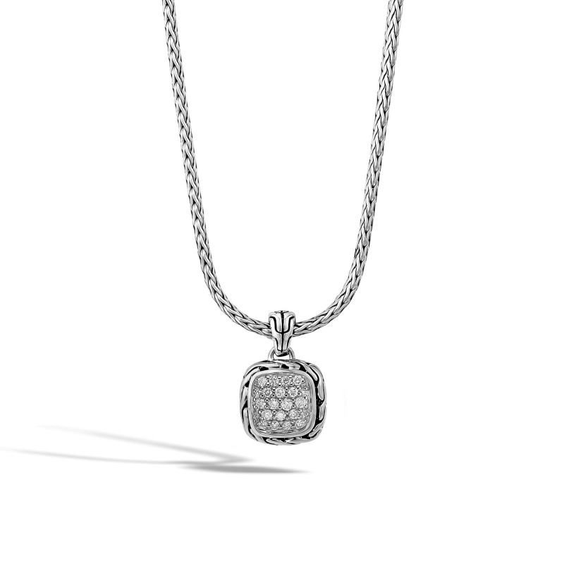 Classic Chain Silver Diamond Pave Square Pendant- on Chain Necklace with Diamond (0.21ct), Size 16 - 18 Adjustable