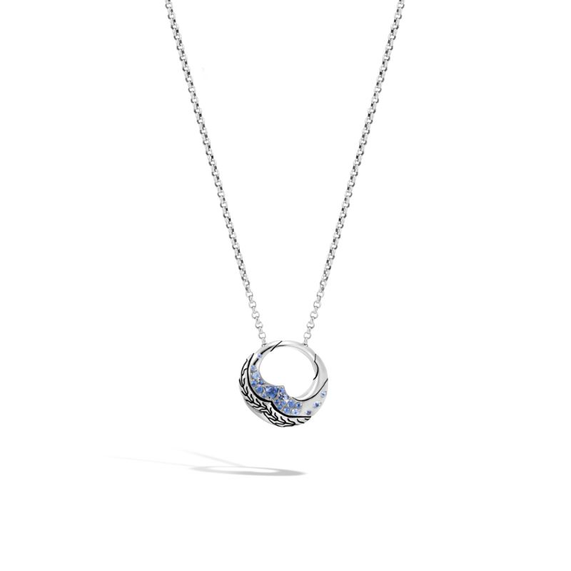 John Hardy sterling silver Lahar pendant necklace with blue sapphires, 2mm mini rolo chain necklace with lobster clasp, 16"-18"