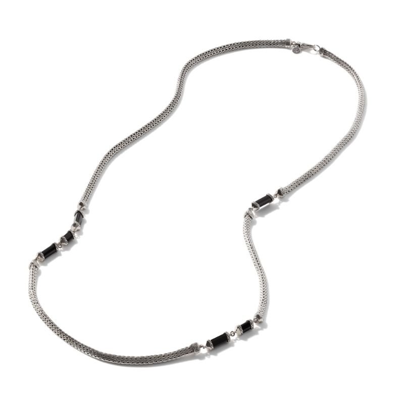 John Hardy sterling silver Classic Chain 4.5mm tiga station necklace with 10.5mm and 4.5mm black onyx beads, 32"