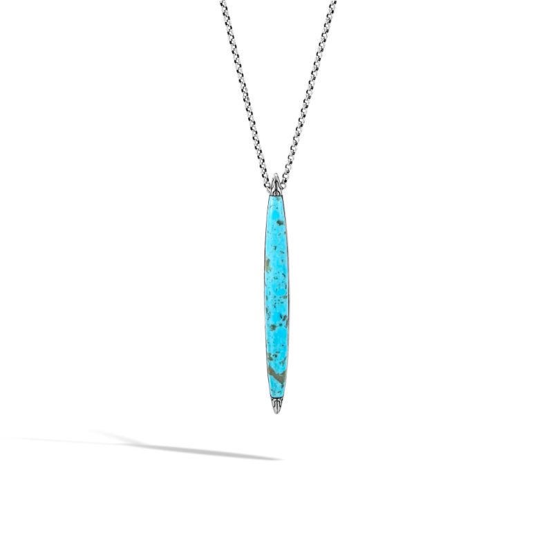 John Hardy sterling silver Classic Chain spear drop pendant necklace with turquoise, 63.5x7mm pendant, 2mm mini rolo chain, 36-40"