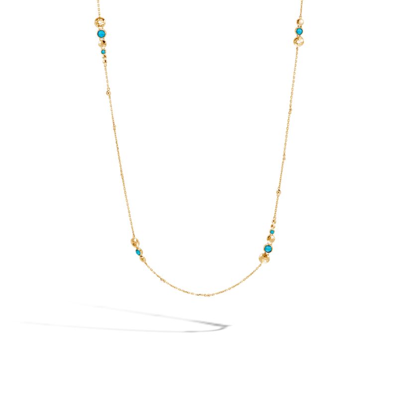 John Hardy 18k yellow gold Dot hammered chain necklace with turquoise, 1.2mm chain with lobster clasp, 36"