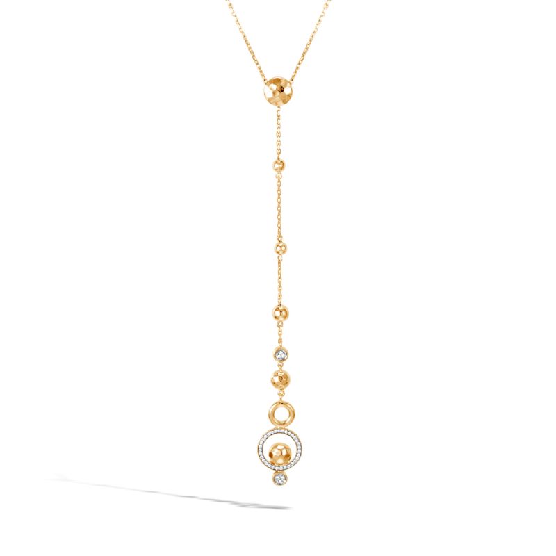 John Hardy 18k yellow gold Dot hammered drop Y slider necklace with diamonds, 120x12.5mm pendant with diamonds weighing 0.15 carat total weight, 1.2mm chain with lobster clasp, 18"