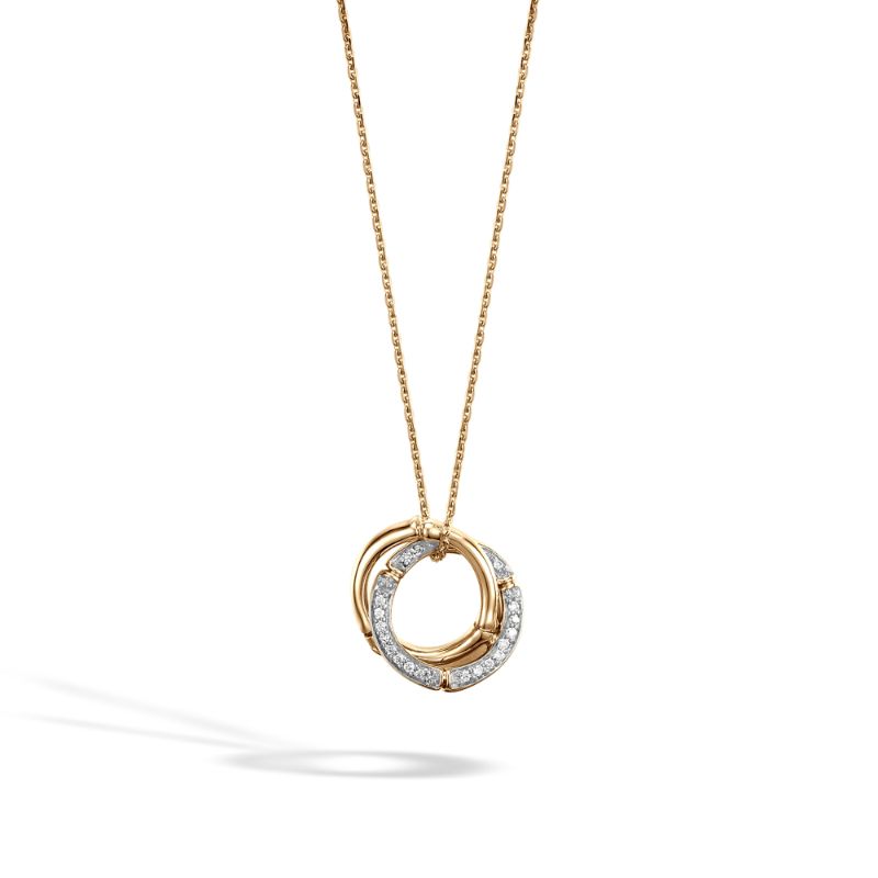 John Hardy 18k yellow gold rhodium plated Bamboo small interlinking ring pendant necklace with diamonds, 15mm pendant with diamonds weighing 0.09 carat total weight, 1.4mm chain with lobster clasp, 16"-18"