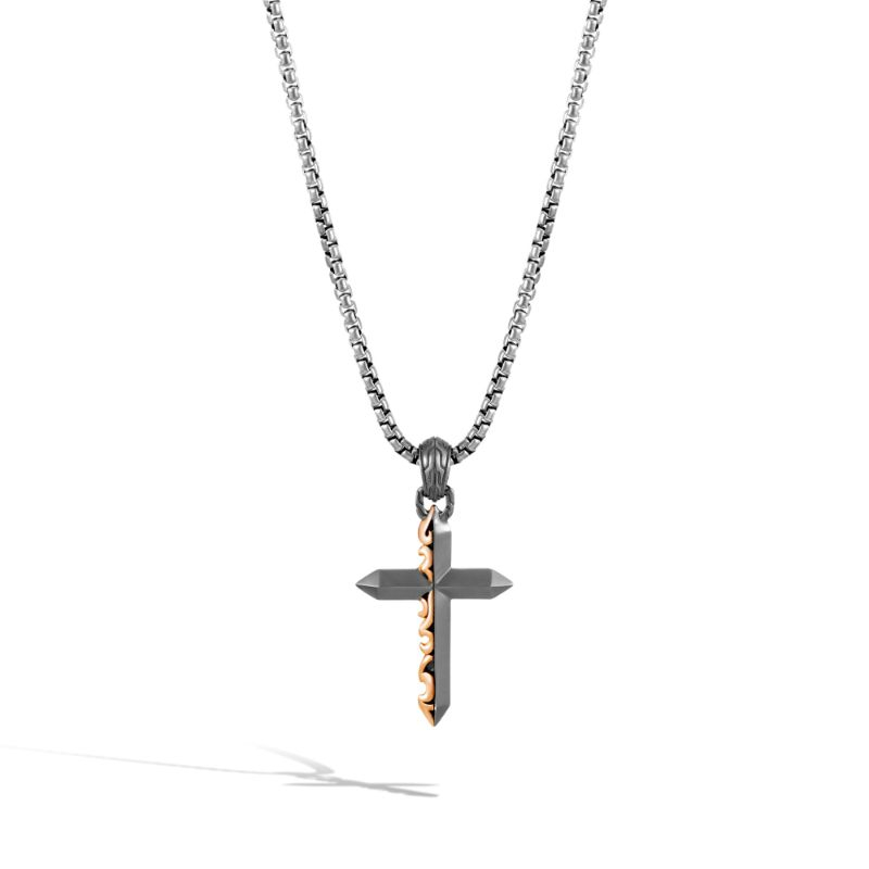Sterling Silver And Bronze Classic Chain Keris Dagger Blackened Cross Pendant Necklace