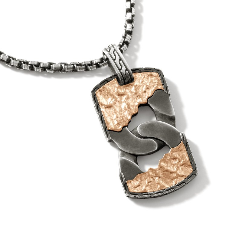 Matte Black And Flame Sculpted Bronze Classic Chain Dog Tag Pendant Necklace