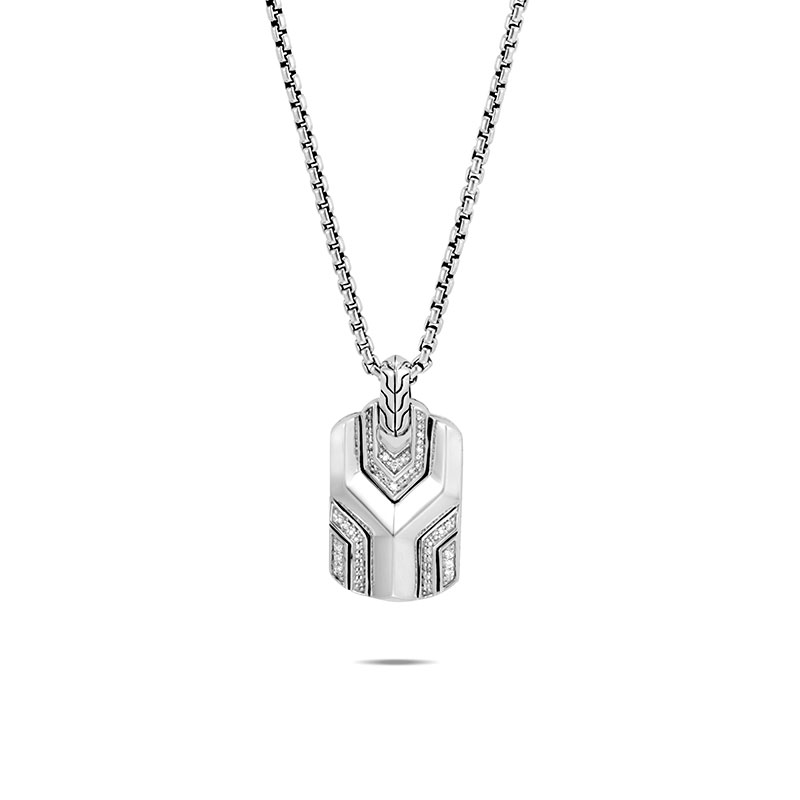 John Hardy sterling silver Asli Classic Chain link dog tag pendant necklace with diamonds, 31x20mm tag with diamonds weighing 0.26 carat total weight, 2.7mm chain with lobster clasp, 26"