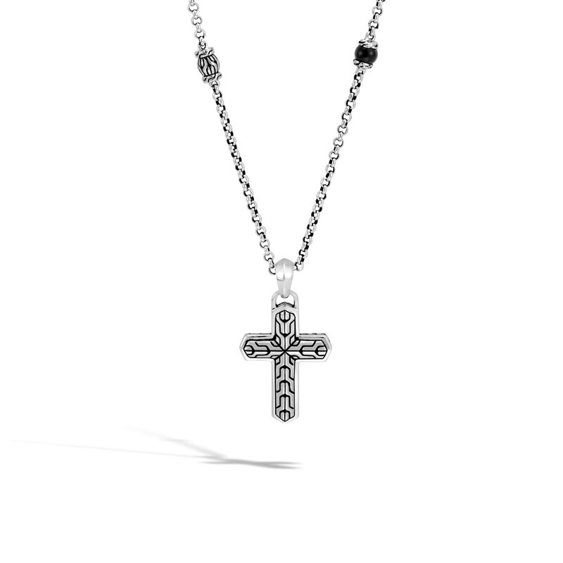 John Hardy sterling silver Classic Chain cross pendant necklace with black onyx, 2mm chain with lobster clasp, 26"