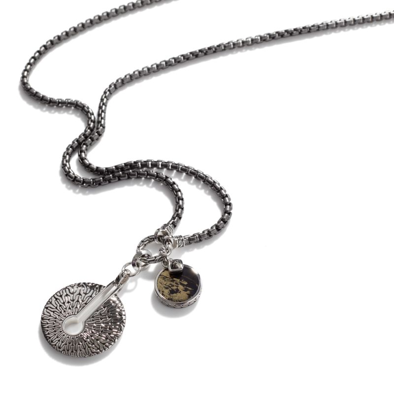 John Hardy sterling silver Classic Chain radial amulet with pyrite in satin matte black rhodium and gold, 3.7mm chain with lobster clasp, 26"