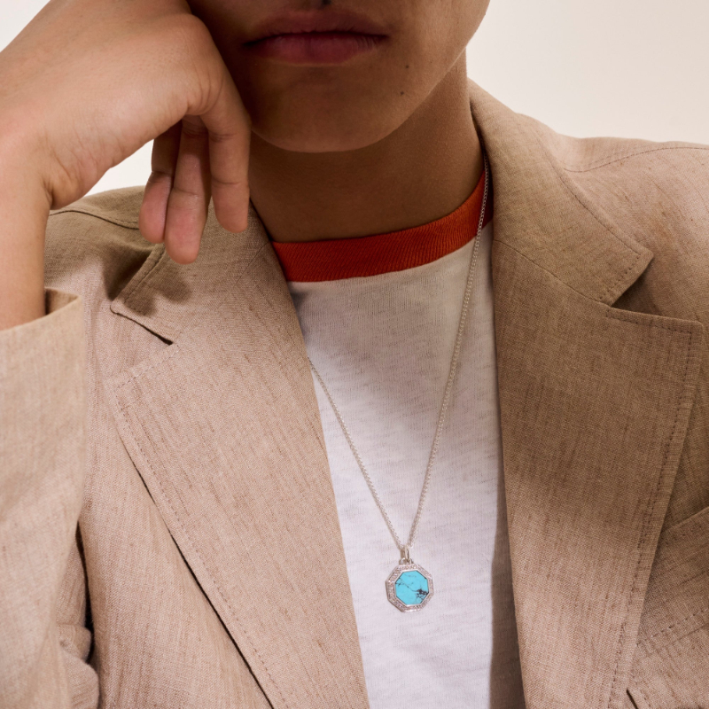 Octagonal Tag Pendant Necklace In Sterling Silver