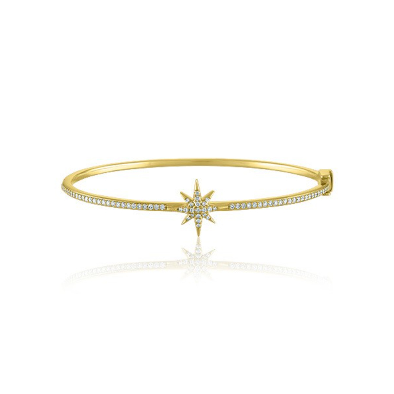 Lisa Nik 18k yellow gold Talisman northstar hinged bangle bracelet with round diamonds weighing 0.51 carat total weight