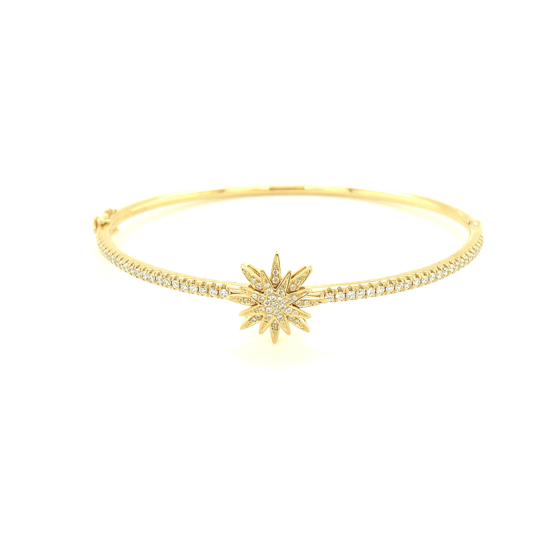 Lisa Nik 18k yellow gold Talisman north star station bangle bracelet with round diamonds weighing 0.53 carat total weight