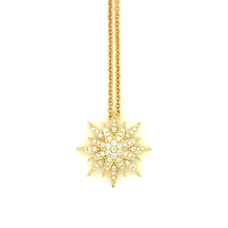 Lisa Nik 18k yellow gold Talisman north star pendant necklace with round diamonds weighing 0.28 carat total weight