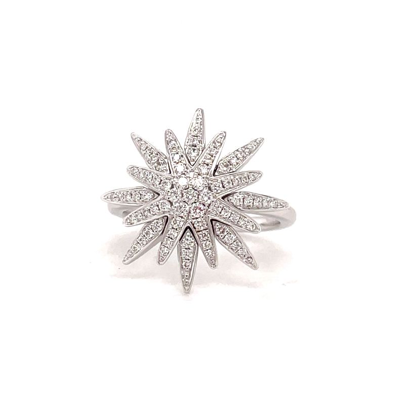 Lisa Nik 18k white gold rhdoum plated Talisman North star ring with diamonds weighing 0.40 carat total weight, size 6