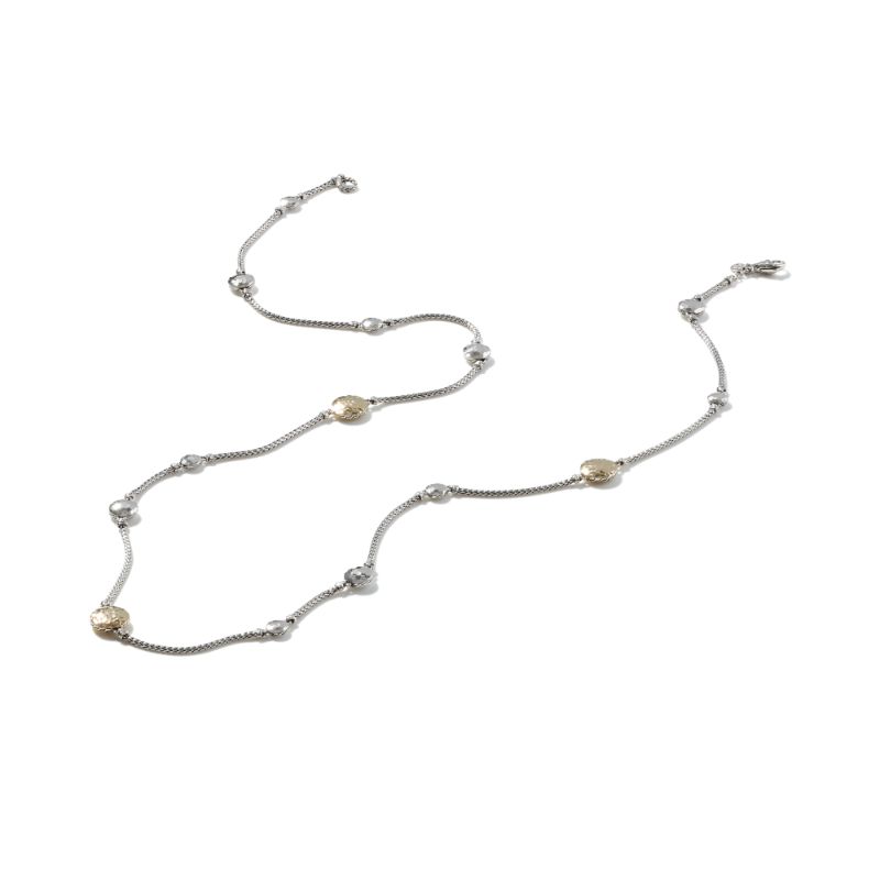 John Hardy sterling silver and 18k bonded yellow gold Dot hammered station sautoir necklace, 13x13mm station, 2mm chain necklace with lobster clasp,  36"