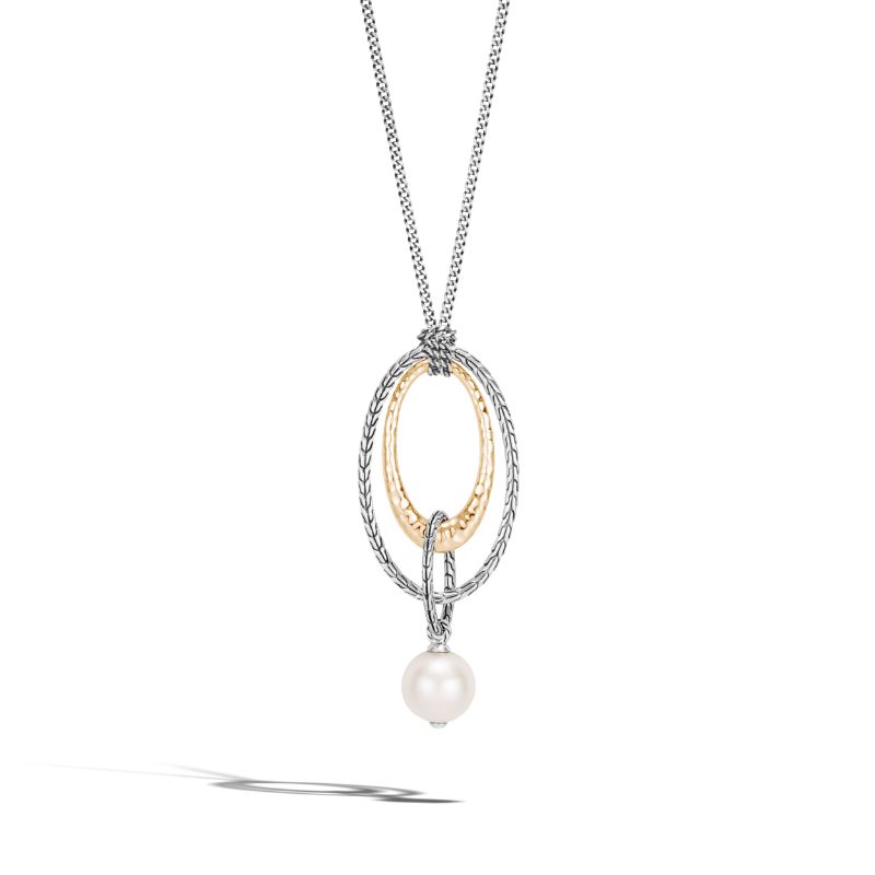 John Hardy sterling silver and 18k bonded yellow gold Classic Chain Palu hammered curb chain pendant necklace with a 13-13.5mm white fresh water pearl and lobster clasp, 67x28.5mm pendant, 32"