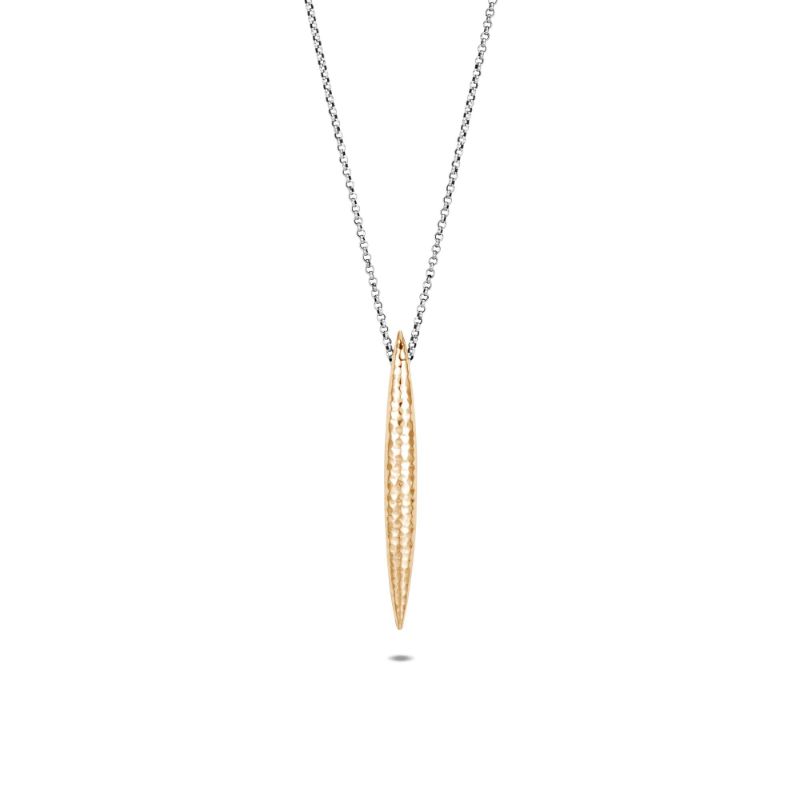 John Hardy sterling silver and 18k bonded yellow gold Classic Chain hammered long spear pendant necklace, 63x7mm pendant, 2mm chain with lobster clasp, 36"-40"