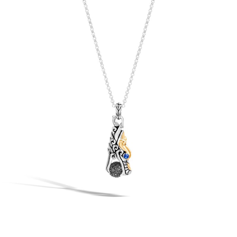 John Hardy sterling silver Legends Naga dragon head pendant necklace with black spinel, black sapphire and blue sapphire, 42x14mm pendant, 2mm mini rolo chain necklace with lobster clasp, 36"