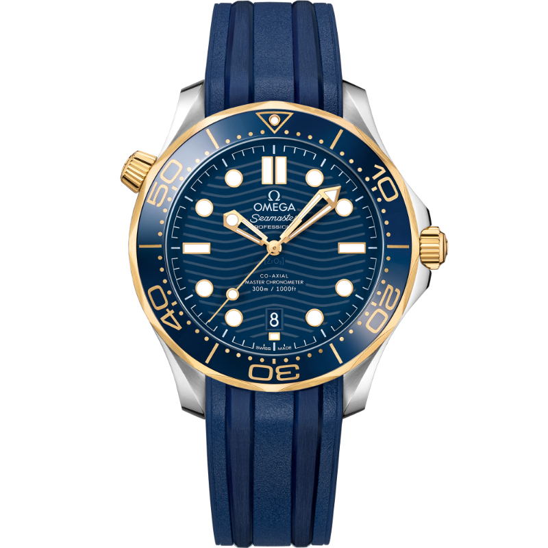 OMEGA Seamaster Diver 300 M Co-Axial steel/18k yellow gold 42MM blue ceramic bezel blue index dial on blue rubber strap with steel buckle