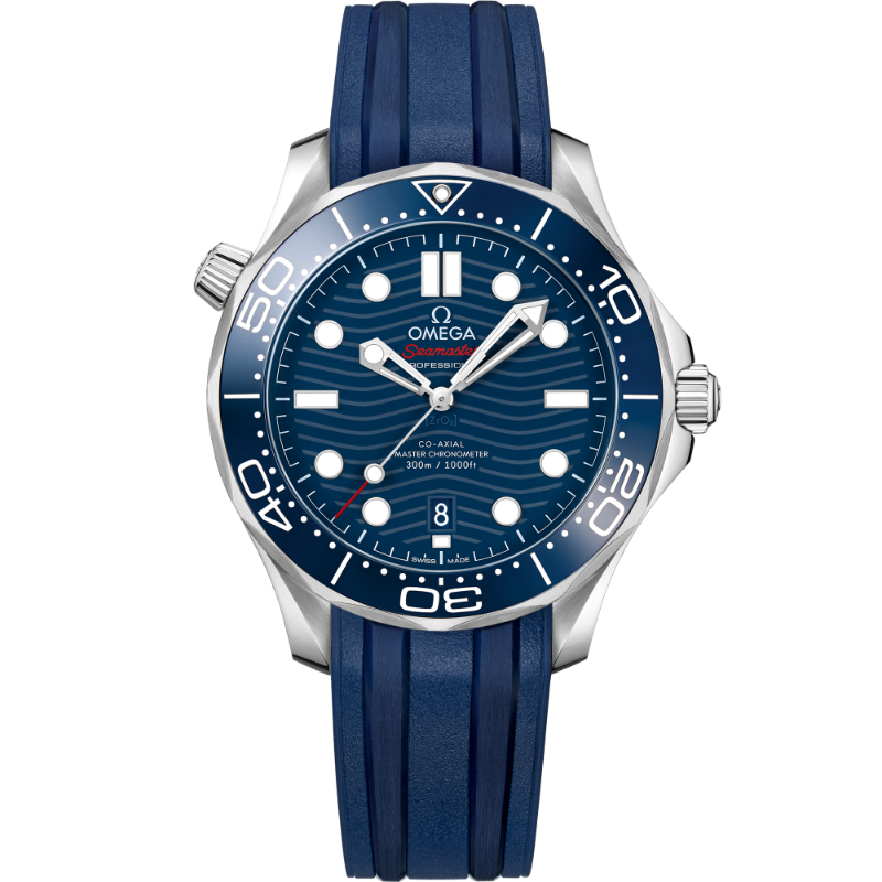 OMEGA Seamaster Diver 300 M steel 42MM blue ceramic bezel blue wave index dial on blue rubber strap with steel buckle