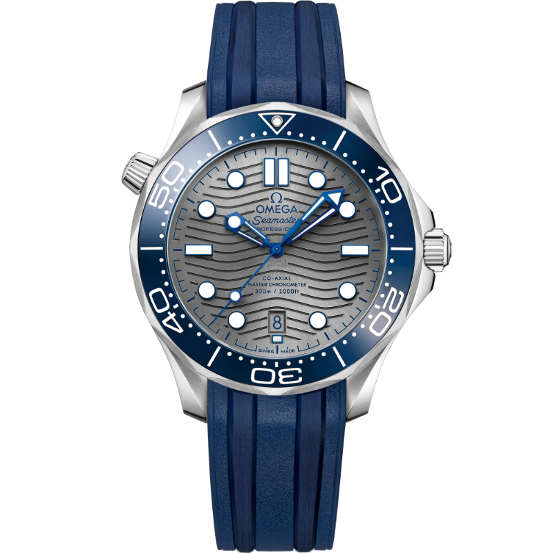 OMEGA Seamaster Diver 300 M Co-Axial steel 42MM blue ceramic bezel grey index dial on blue rubber strap with steel buckle