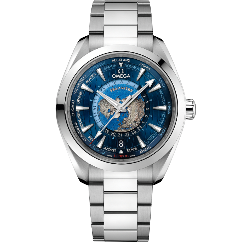 OMEGA Seamaster Aqua Terra 150M GMT WorldTimer steel 43MM smooth bezel blue index dial with vision of Earth on a steel bracelet