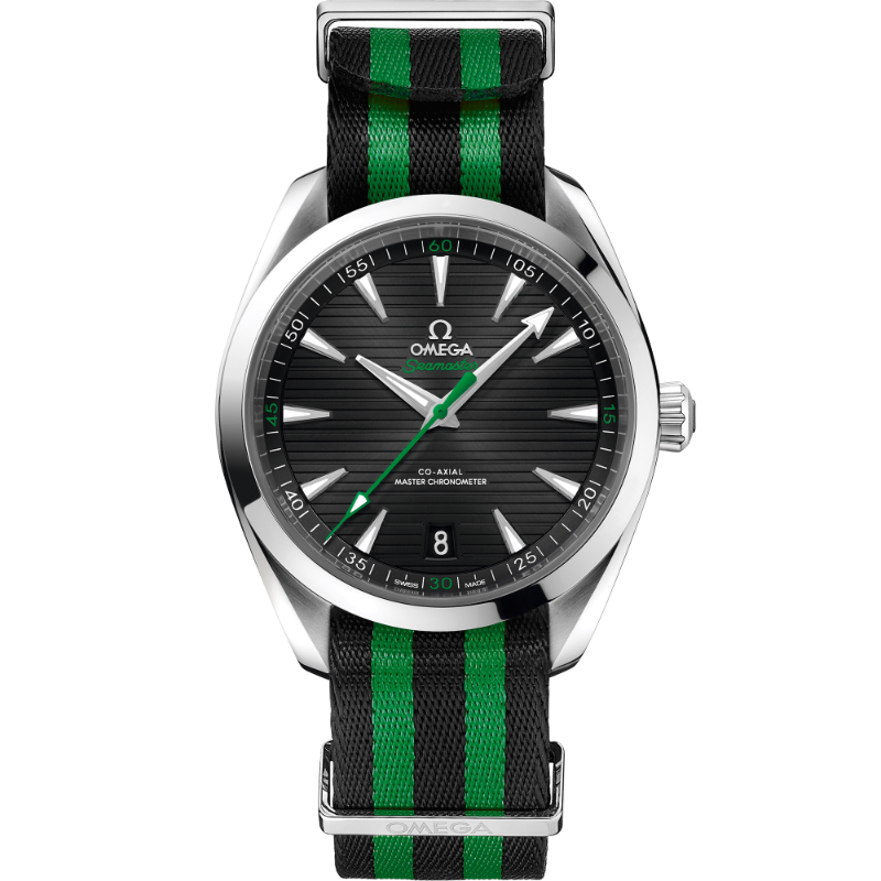 OMEGA Seamaster Aqua Terra 150 M Co-Axial steel 41MM Golf Edition black index dial on green/black Nato strap with steel buckle