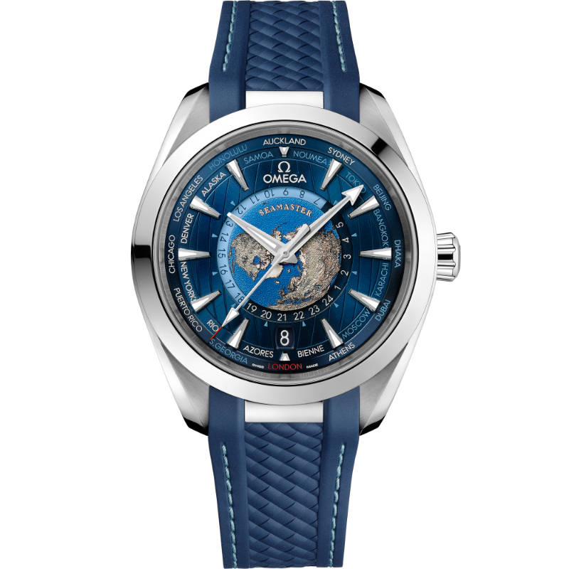 OMEGA Seamaster Aqua Terra 150M GMT Worldtimer steel 43MM blue index dial on blue rubber strap with steel buckle