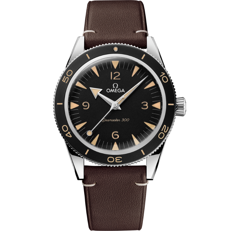 OMEGA Seamaster 300 steel black aluminium bezel black dial on leather strap with steel buckle