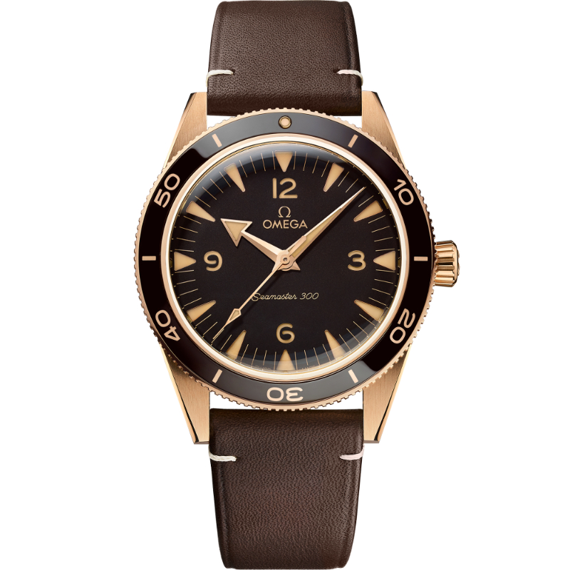 OMEGA Seamaster 300 bronze gold 41MM brown ceramic bezel bronze dial on leather strap with bronze gold buckle