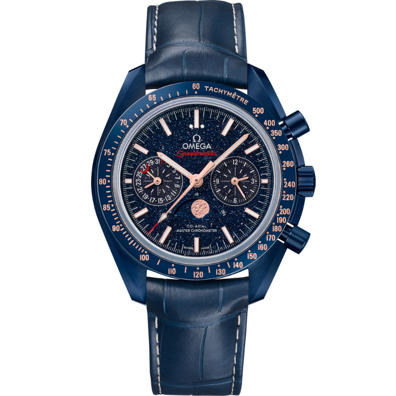 OMEGA Speedmaster Moonwatch Moonphase chronograph blue ceramic 44.25MM Blue Side of The Moon blue index dial on blue leather strap with ceramic buckle
