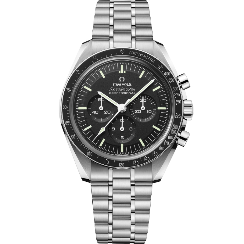OMEGA Speedmaster Moonwatch Professional steel black aluminium bezel black dial on steel bracelet
