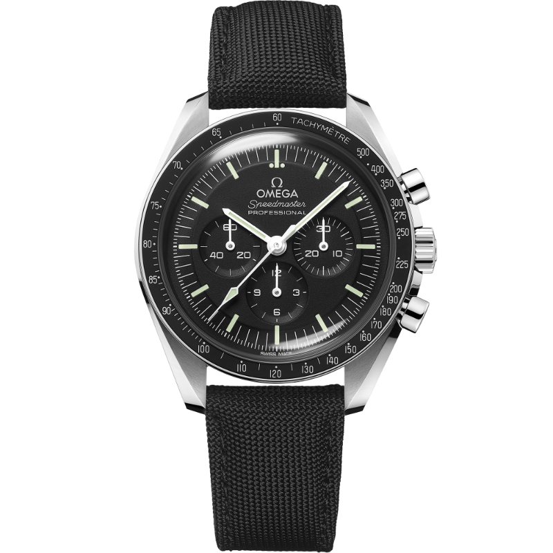 OMEGA Speedmaster Moonwatch Professional steel 42mm black aluminim bezel black dial on coated nylon fabric strap with steel buckle