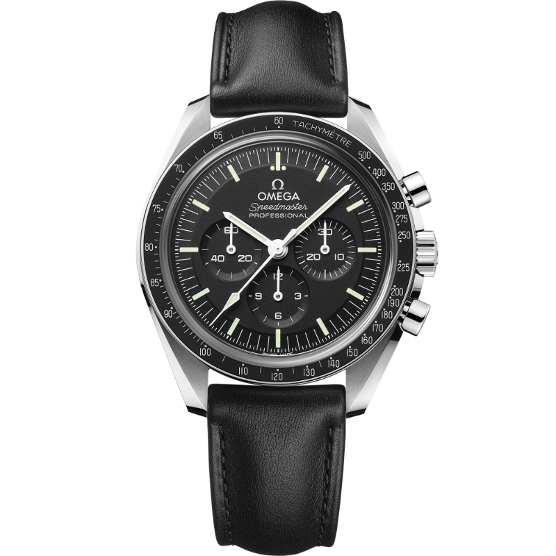 OMEGA Speedmaster Moonwatch Professional steel 42MM black aluminium bezel black dial on leather strap with steel buckle