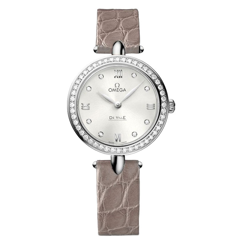 OMEGA De Ville Prestige Dewdrop steel 27.4MM diamond bezel silver diamond dial on leather strap