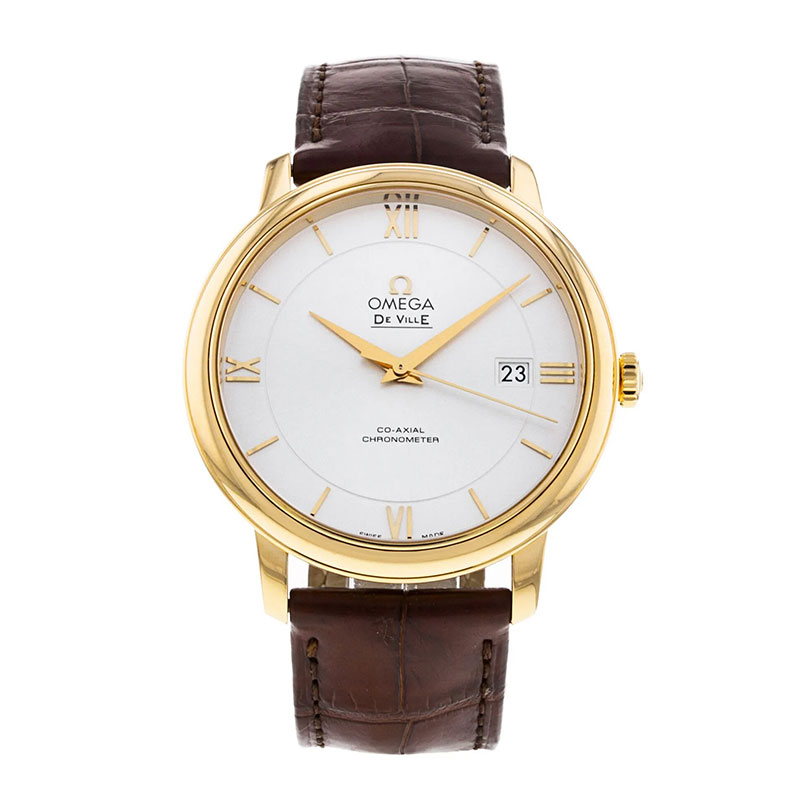 OMEGA Deville Prestige Co-Axial 39.5MM yellow gold silver dial on leather strap
